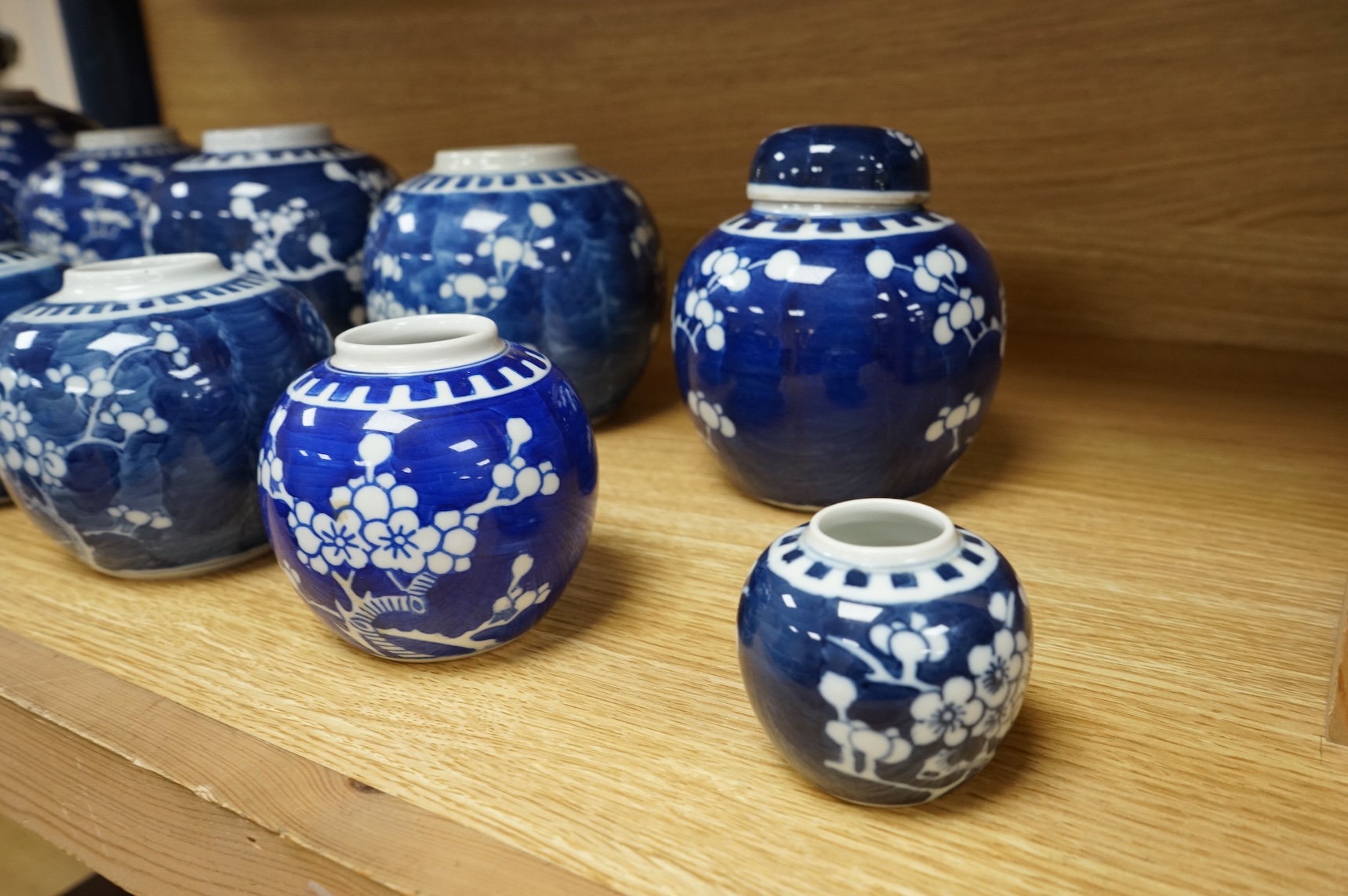 Eleven Chinese blue and white prunus jars, and two covers, late 19th/20th century, largest 16cm high